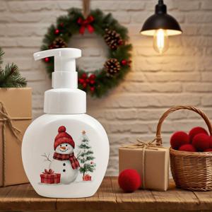 TEMU 1개 우아한 화이트 & 레드 눈사람 디스펜서, 투명 펌프 포함 - 핸드 솝, 샴푸, 샤워젤용 리필 가능한 폼 디스펜서 - 대용량 300ml/10oz - 겨울 욕실 장식, 크리스마스, 새해, 선물 - 액체 핸드, 바디 워시와 호환 - 스카프 & 모자 디자인의 축제적인 눈사람 프린트 - 가정용 및 휴일 선물에 완벽