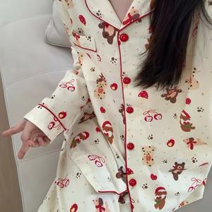 TEMU 귀여운 스타일 여성용 가을 겨울 파자마 세트 - 긴팔 상의 & 바지, 크리스마스 베어 & 강아지 프린트 (페스티브 분위기), 라펠, 신축성 허리, 부드러운 연한 베이지 - 라운지웨어