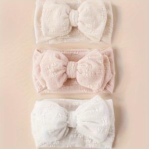TEMU 3개 세트 여아용 소프트 스트레치 나일론 와이드 헤어밴드 - 파스텔 핑크, 화이트 & 리본 헤어 밴드, 탄력 있는 착용감, 사계절용, 파티 & 일상 헤어 액세서리 (핑크, 베이지, 브라운) - 어린이 헤어 타이