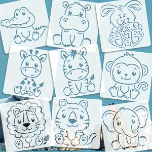 TEMU 9피스 동물 스텐실 세트, 3.94*3.94인치/10x10cm - 악어, 하마, 토끼, 얼룩말, 호랑이, 원숭이, 사자, 코끼리, 표범 - 어린이와 성인을 위한 재사용 가능한 페인팅 템플릿, DIY 공예, 드로잉, 벽 장식, 스크랩북, 캔버스 아트, 티셔츠, 홈 데코, 학교 프로젝트, 파티 용품, 생일 선물