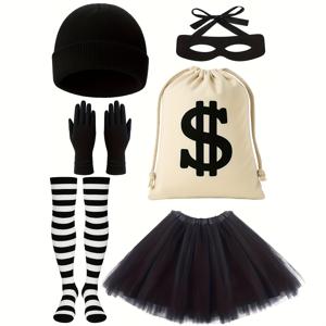TEMU 할로윈 강도 역할놀이 의상 6종 세트, 스타킹, 블랙 투투 스커트, 캔버스 가방, 흑백 강도 안대, 니트 빈 모자 장갑 포함, 할로윈 파티 및 역할놀이용