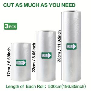 TEMU 3개 진공 포장 백 세트, 각 롤 길이 500cm, BPA 프리, 질감 있는 진공 식품 보관 백, 패턴 필름 식품 포장 백, 질감 디자인으로 최적의 밀봉 성능, 식품 보존에 적합