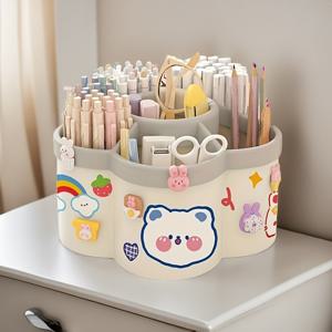 TEMU 360도 회전하는 코스메틱 정리함. 다양한 패턴 스티커 포함. 사무실에서 사용하기 적합하며, 문구류, 메이크업 브러쉬, 립스틱, 아이브로우 펜슬을 보관할 수 있습니다.