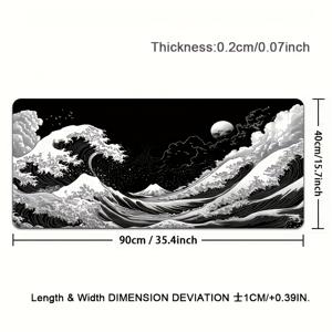 TEMU 특대형 일본 블랙 웨이브 게이밍 마우스 패드 - 인체공학적 미끄럼 방지 고무 베이스, 물결 & 햇빛 디자인의 예술적인 일본 풍경 디자인, PC 게이밍 & 사무용으로 내구성이 뛰어난 데스크 매트, 특대형 마우스 패드