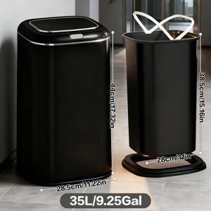 TEMU 35L/42L 대형 스마트 - 모션 센서, 터치리스 뚜껑, 조용한 닫힘 - 적외선 센서 휴지통 / 사무실용 - (AA 배터리 미포함) - 모던 블랙 , 선물용으로 이상적|쓰레기통