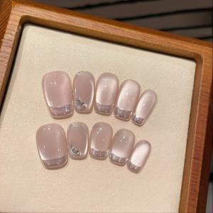 TEMU 10개 세트 크리스마스 스타일 핑크 캣아이 숏 스퀘어 프레스온 인조네일 - 실버 프렌치 팁 & 반짝이 스톤 장식|네일팁