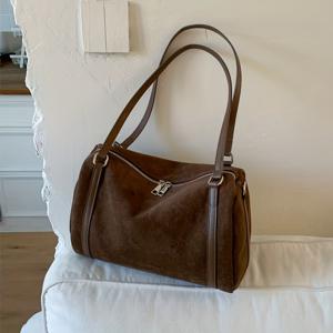 TEMU 여성용 대용량 빈티지 토트백 - 조절 가능한 크로스바디/핸드백, 손목 스트랩, 골드톤 하드웨어 & 지퍼 클로저, 커피 브라운/베이지/다크 그린/블랙 - 가벼운 사슴가죽 느낌의 질감, 여행용|크로스백|여행용크로스백