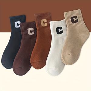 TEMU 5켤레 아동용 가을-겨울용 두꺼운 미드-카프 양말 | 트렌디한 C자 모양 디자인, 따뜻하고 내한성, 스판덱스 혼방, 손세탁만 가능, MIANZHI 니트 원단