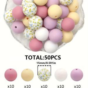 TEMU 50개 실리콘 비즈 12mm/15mm - DIY 주얼리, 열쇠고리, 폰 참, 팔찌 및 공예 프로젝트용 다양한 단색 & 프린트 컬러, 실리콘 캐릭터 비즈