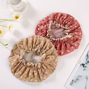 TEMU 보라색과 카키색의 꽃무늬가 있는 샤워 캡 2개 세트, 아름다운 프린트 패턴이 있는 외면과 안면이 있는 샤워 캡입니다.