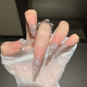 TEMU 수제 물방울 모양 유리 갑옷, 그라데이션 동백꽃 디자인, 결혼식 부부와 학생들을 위한 우아한 긴 네일 아트에 완벽합니다.