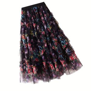 TEMU 여성용 프렌치 스타일 A라인 맥시 스커트 - 스모크 헴 & 러플 레이스 트림, 소형 플로럴 프린트 우산 스커트 (봄, 여름, 가을용) - 우아한 프렌치 스타일 드레스 (웨딩 게스트, 파티, 캐주얼 착용)