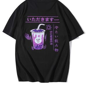 TEMU 남성용 캐주얼 반팔 티셔츠 - 블랙 여름 그래픽 티, 포도 밀크티 & 일본어 텍스트 프린트, 통기성 라운드넥 탑, 대학생용, 볼드 레터링 디자인, 레귤러 핏 셔츠