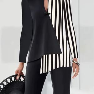 TEMU 플러스 사이즈, 여성용 우아한 긴팔 블라우스 - 오피스부터 파티까지 시크한 블랙 & 화이트 셔츠, 비탄성 구조 소재, 가을/봄 시즌 전문가용 세탁 가능 여성복, V넥 디자인, 비스트레치 패브릭, 스트럭처드 핏, 클래식 , 고급 품질 셔츠, 포멀 셔츠, 패션 여성