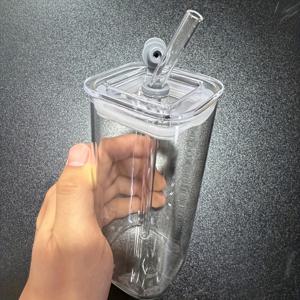 TEMU 1개, 직사각형 음료잔, 내열 유리컵, 밀크티 커피 머그 (빨대 포함), 휴대용 컵