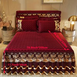 TEMU 3pcs 솔리드 컬러 라이트 베이지 레이어드 로마스 패턴 퀼트 + 리즈 스트랩 침대 스커트 세트: 1개 침대 스커트 + 2개 베갯잇, 멀티 레이어 레이스 장식, 스타일리시하고 멋진 디자인, 흡습성, 통기성, 주름 방지, 조용한 매트리스 커버로 침실 분위기 업그레이드