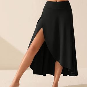 TEMU 여성용 아сим메트리 엘레강스 드레이프 스커트 1개, 단색 캐주얼 피트니스 요가 스커트 (포켓 포함), 통합형 블랙 댄스 스커트, 하이웨이스트 랩 스커트, 슬릿 및 플리츠가 있는 플로잉 패션 여름 스커트, 캐주얼 댄스에 적합.