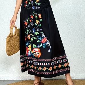 TEMU 여성 맥시 드레스 - 우아한 플로럴 프린트 하이웨스트 롱 스커트, 플로이 A라인 실루엣, 비신축성 원단, 해변, 파티, - 봄/여름/가을 캐주얼 포멀 드레스, 비치 드레스, 파티 복장, 시크, a라인스커트, 하이웨스트 스커트, 레이스치마, 미디스커트, 여성스커트, 맥시스커트