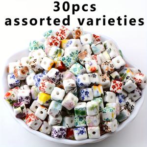 TEMU 30개 8mm 사각 세라믹 비즈 - 중국 수묵화 꽃무늬 디자인, 혼합 컬러, 0.31인치 DIY 주얼리 제작 소품, 핸드메이드 목걸이·팔찌·공예용 부자재