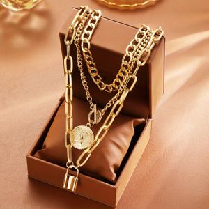 TEMU 미니멀한 라틴 스타일의 코인 잠금 펜던트와 3중 쵸нки 체인 디자인의 트렌디한 여성용 펜던트 목걸이 3종 세트 (상자 미포함). 일상적인 데이트, 휴가, 파티에 완벽합니다.