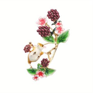 TEMU 1개 매력적인 에나멜 마우스 & 꽃 브로치 핀 - 남녀 공용 귀엽고 심플한 패션 액세서리, 스카프 및 의류에 이상적, 빨간 열매와 녹색 잎사귀 디테일, 스카프 액세서리|재미있는 디자인|장식용 핀