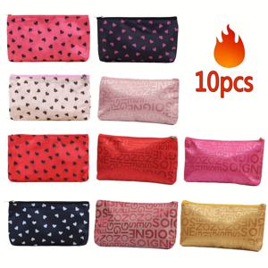 TEMU 10개입 휴대용 메이크업 파우치 여행용 화장품 정리함 립스틱 아이브로우 브러쉬 목욕 가방 하트 패턴, 친구 선물