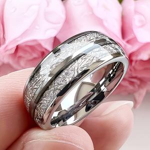 TEMU 남녀 공용 패셔너블한 은색 316L 스테인리스 스틸 반지, 이중 홈과 메테오라이트 삽입, 티타늄 웨딩 밴드 주얼리 선물.