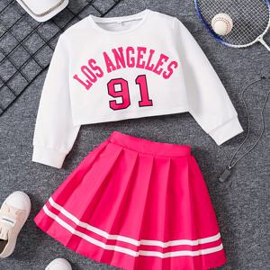 TEMU 세련되고 귀여운 봄/가을 의상, 120-160세 대상. 스포티한 치어리더 스타일의 반팔 상의와 플리츠 스커트가 특징입니다.