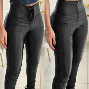 TEMU 솔리드 컬러 여성용 하이웨이스트 지퍼 프론트 클로저 안티핀치 안감 더블 레이어 텀미 컨트롤 PU 가죽 팬츠 슬림핏 여성용 레깅스
