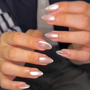 TEMU 알몬드 모양 인조 손톱 24개 세트, 심플하고 우아함, 고양이 눈 누드 스타일, 부드럽고 조용함, 클리어, 반짝임, 모든 여성에게 적합. 박스에는 손톱 줄이 및 젤리 접착제가 포함되어 쉽게 부착 및 착용 가능.