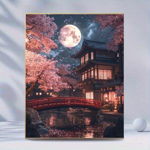 TEMU 1개 5D 풀 드릴 라운드 페인팅 키트, 11.8x15.8인치, 일본 사원 & 벚꽃 장면 - 완벽한 도구, 오일 캔버스, 초보자에게 이상적인 DIY 아트 크래프트, 액자 없는 홈 벽 장식 선물, 페인팅 액세서리