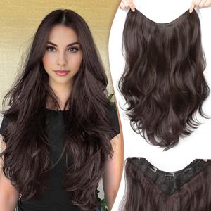 TEMU 3/4 풀 헤드 레이어드 클립인 익스텐션, 여성용 투명 V라인 긴 웨이브 머리, 볼륨 추가 가능, 부드러운 딥 브라운 익스텐션, 데일리 파티에 적합.