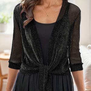 TEMU 여성용 우아한 V넥 타이프론트 크롭 하이스트레치 실버 메쉬 탑, 드레스 오버레이 숄, 반소매 오픈프론트 스웨터|여름원피스|가디건