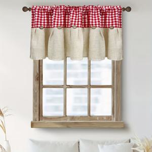 TEMU 1개 클래식 레드 체크 무늬 스티칭 디자인 짧은 커튼, 미국 컨트리 빈티지 버클 디자인 주방 커튼, 로드 포켓 탑 커피 커튼, 식당용 소형 창문 1패널