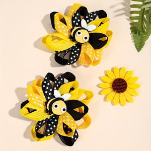 TEMU 2개 세트 귀여운 벌 머리핀 소녀용 도트 패턴 그로그레인 리본 머리핀 야외 및 여행용 달콤한 헤어 액세서리 벌 축제 선물에 완벽