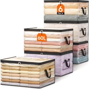 TEMU 6pcs 60L PVC 보관 가방, 지퍼로 닫히는 옷, 담요, 이불을 위한 대용량 접이식 정리함 - 내구성 있는 손잡이, 투명한 시청 창, 옷장, 침실, 기숙사 방 정리, 장난감, 계절 의류, 가정용 보관 액세서리, 옷 정리 보관에 이상적