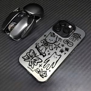 TEMU Y2K 만화 블랙 라인 고양이 폰 케이스, iPhone 16 15 14 11 Pro Max X XR XSMAX 8 7 Plus와 호환, 충격 방지 매트 백