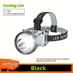 TEMU MACROCOSM 슈퍼 LED 헤드램프 1개 - USB 충전식, 손잡이 없는 플래시라이트 배터리 디스플레이 표시기 포함 낚시, 하이킹, 수리 및 야간 비상 조명용, 휴대용 ABS 디자인, 충전식 플래시라이트