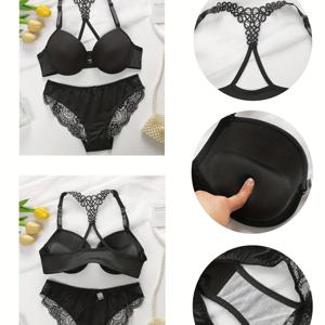 TEMU 유럽 및 미국 스타일 앞면 클로저 푸쉬업 브라 세트 (수용성 레이스, 섹시한 언더와이어, 작은 가슴 보정, 매끄러운 등)