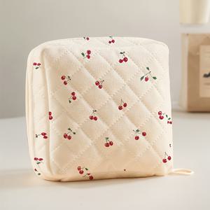 TEMU 체리 패턴 프린트 그리드 휴대용 대용량 생리대 보관 가방, 헤드폰 및 소형 액세서리에 적합, 지퍼 클로저 여성 제품 보관 가방, 동전 지갑 & 파우치 세트, 화장품 파우치, 메이크업 백