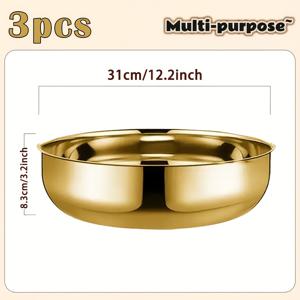 TEMU 대용량 스테인리스 샐러드 그릇 3개 세트, 12.2인치 골든 믹싱 베이스, 광택 있는 표면으로 쉽게 청소 가능, 샐러드 준비 및 야채 씻기, 과일 섞기에 적합한 주방 및 케이터링 서비스 그릇 세트