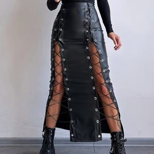 TEMU 유럽 및 미국 스타일 시크 패션 인조 가죽 스플라이스 하이웨이스트 슬림핏 미디 스커트, 인조 가죽 바디콘 스커트.