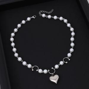 TEMU 매력적인 스테인리스 스틸 하트 펜던트와 인조 진주가 특징인 스타일리시한 여성용 초커 목걸이. 뮤직 페스티벌 및 주얼리 액세서리에 완벽합니다.