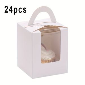 TEMU 투명 창문과 손잡이가 있는 우아한 컵케이크 박스 24개 세트 - 크리스마스, 추수감사절, 발렌타인데이, 어머니날, 졸업 선물 및 파티 포장용 튼튼한 종이 플립탑 뚜껑 직사각형 용기 | 장식적인 간식 상자 | 견고한 종이 구조
