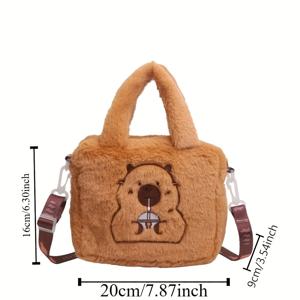 TEMU 여성용 귀여운 카피바라 플러시 숄더백 - 대용량 인조 모피 동물 프린트 지퍼 클로저 및 조절 가능한 스트랩이 있는 가방, 카키 핸드백에는 손목끈 포함, 폴리에스터 안감 - 스타일리시한 일상용 가방, 매일 사용하는 숄더백 | 동물 프린트 백 | 부드러운 질감의 가방