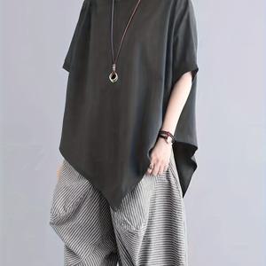 TEMU 여름용 배트윙 소매 루즈핏 여성 티셔츠 캐주얼 라운드넥