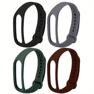 TEMU 4pcs Xiaomi Mi Band 7, 5, 6 NFC용 스포티한 실리콘 시계끈 - 탕 버클이 있는 내구성 있는 교체 팔찌, 활동적인 스타일을 위한 검정색, 흰색, 녹색, 갈색 및 다크 그레이의 통기성 있는 스트랩, 안전한 시계 부착물 | 세련된 시계 스트랩 | 내구성 있는 실리콘 스트랩