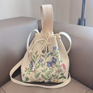 TEMU 꽃무늬 드로스트링 백팩 - 세련된 파스텔 꽃 디자인, 고정된 어깨 스트랩, 폴리에스터 니트, 봄 의상에 완벽한 귀여운 백팩