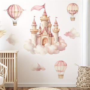 TEMU 로맨틱한 성과 뜨거운 공기 풍선 벽 스티커 - 분홍색 몽환적인 디자인과 반짝이는 마무리, 재사용 가능한 PVC 스티커 - 침실, 거실, 입구용 - 자체 접착, 쉬운 설치, 침실 장식 | 로맨틱한 디자인 | 내구성 있는 벽 미술, 성 장식