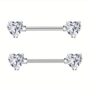 TEMU 여성용 스테인리스 스틸 하트 모양 바디 피어싱 주얼리 1쌍 - 합성 지르코니아 장식, 우아한 니플 링, 일상 및 휴가 액세서리용 멀티 컬러 옵션, 폴리시 마감